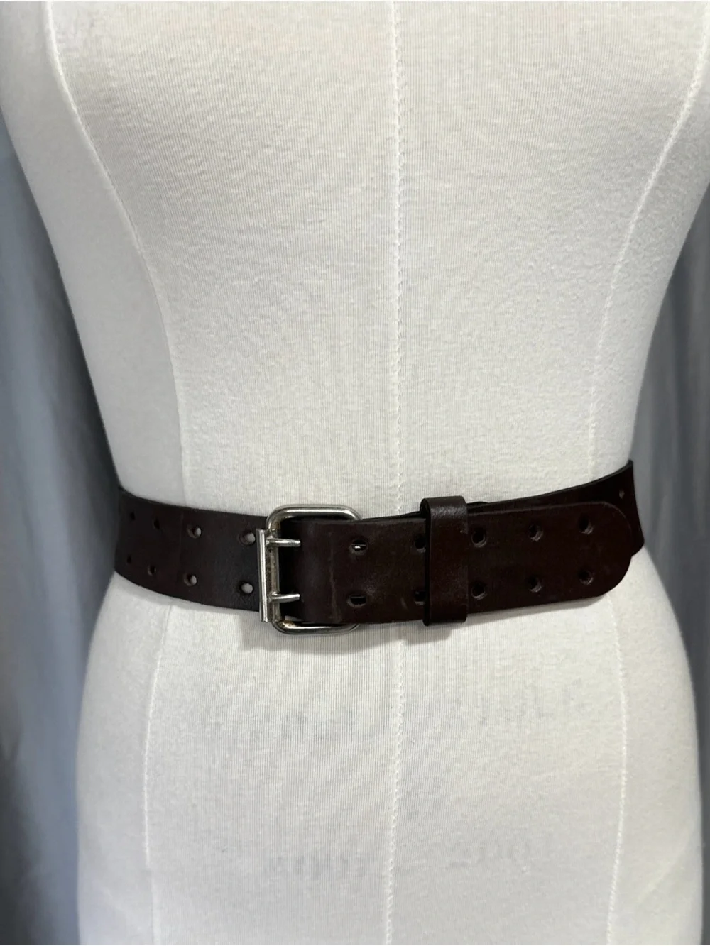 Wide Double-Prong Leather Waist Belt in Dark Brown